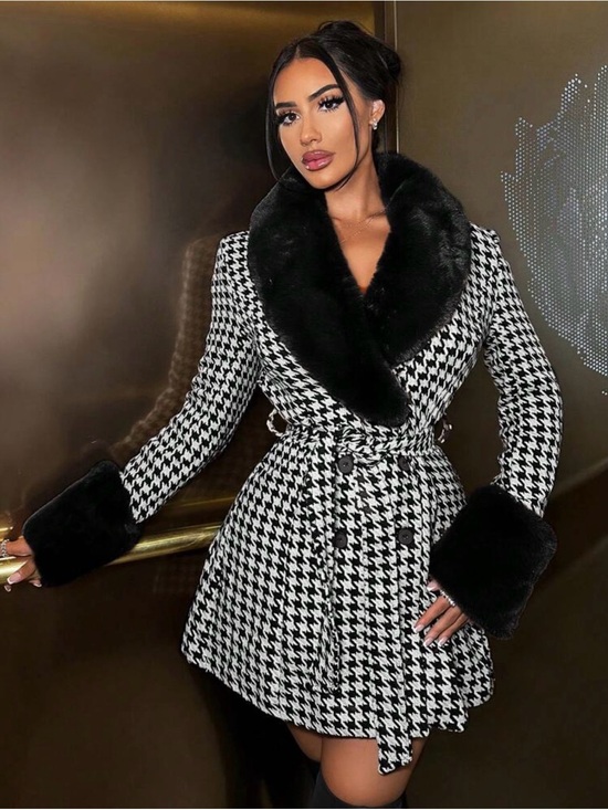 MOTF Jackets & Blazers - MOTF Black & White Houndstooth Faux Fur Trim Belted Coat xs